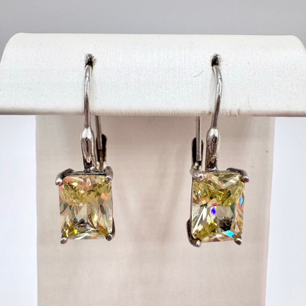 Vintage 925 FAS THAI Pale Yellow CZ Prong Set Leverback Earrings Classic Signed